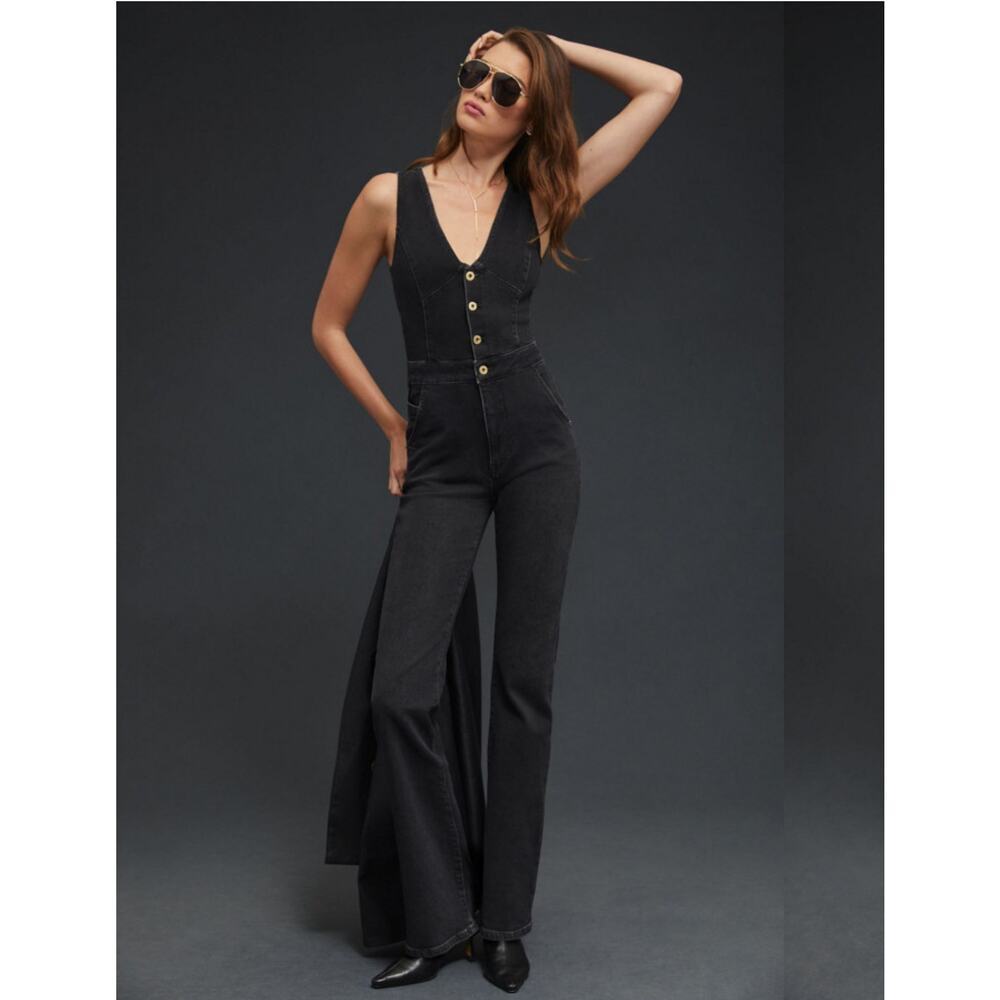 Pilcro by Anthropologie Buttondown Denim Jumpsuit Size 10 in Black Carbon NEW